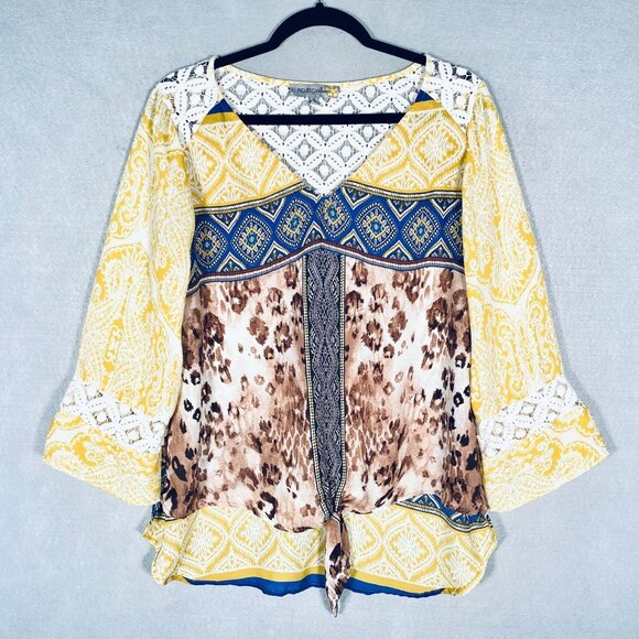 figueroa & flower Tops - Figueroa Flower Top Womens S Yellow Stretch Leopard Print Blouse